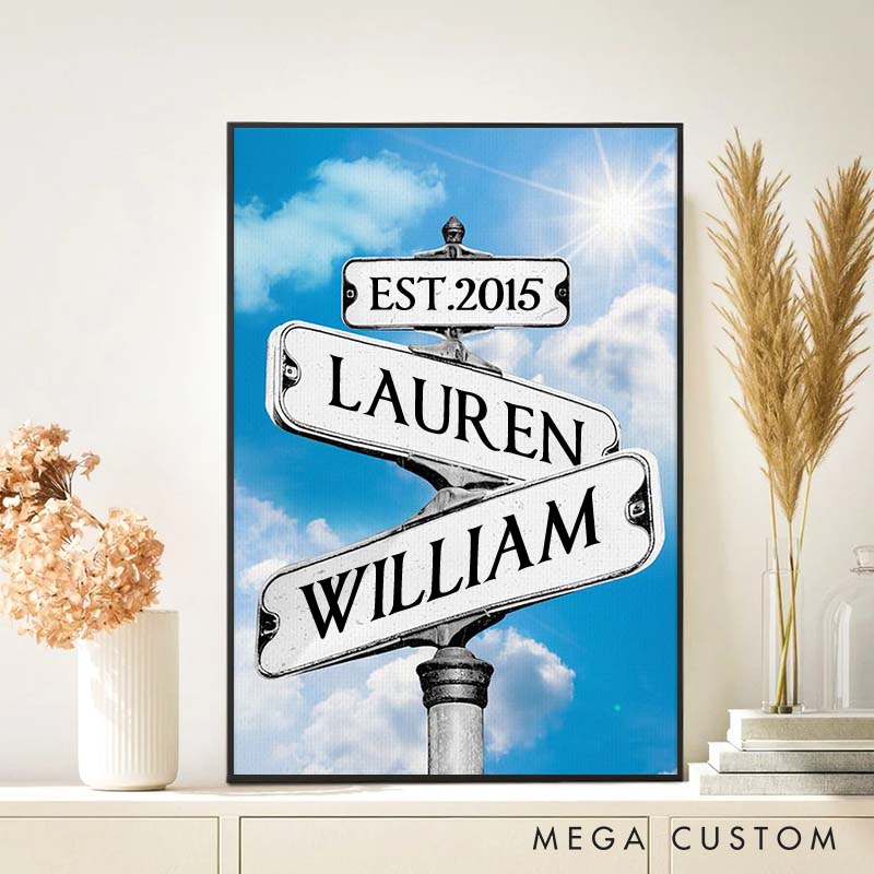 Personalized Anniversary Crossroads of Love Canvas Painting Blue Sky Crossing Street Sign Couple Canvas Painting Gift for Couple