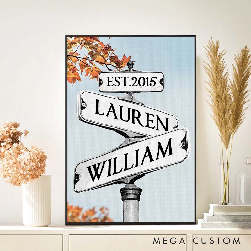 Personalized Anniversary Crossroads of Love Canvas Painting Love Story Journey Autumn Leaves Street Sign Couple Canvas Painting Gift for Couple