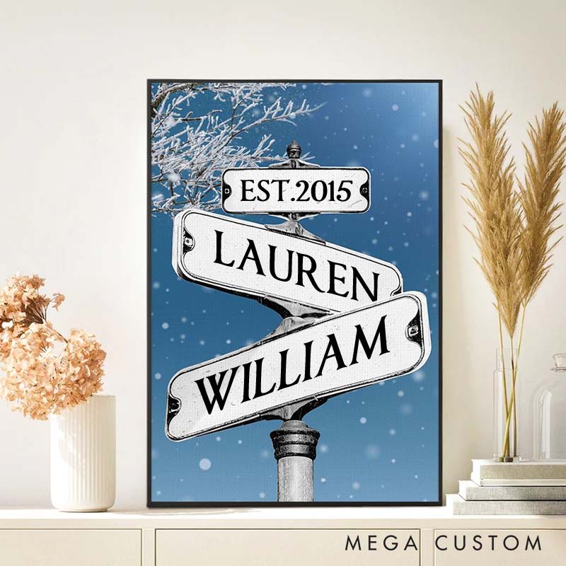 Personalized Anniversary Crossroads of Love Canvas Painting Couple Winter Love Story Street Sign Canvas Painting Gift for Couple