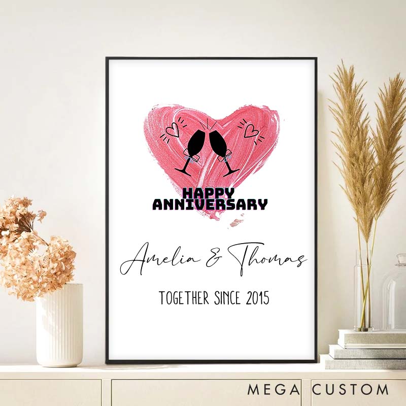 Personalized Couple 20th Anniversary Canvas Painting Romantic Pink Heart Cheers Champagne Painting Couple Anniversary Gift Canvas Painting