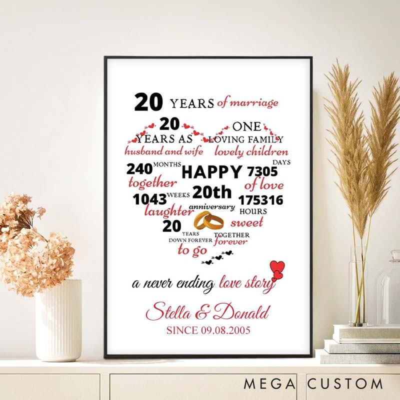 Personalized 20 Years of Love Heart Canvas Painting Couple Never-Ending Story Painting Wedding Anniversary Canvas Painting for Husband Wife