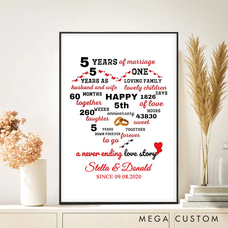Personalized 5 Years of Love Heart Canvas Painting Couple Never-Ending Story Painting Timeless Anniversary Canvas Painting for Husband Wife