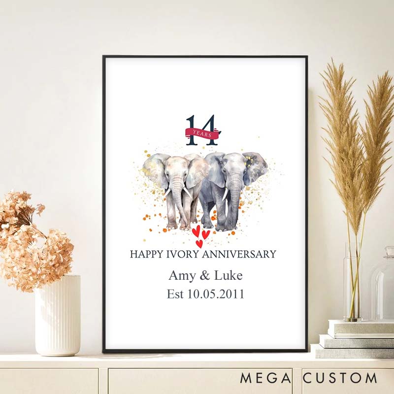 Personalized Happy Ivory Anniversary Painting Celebrating Couple 14 Years of Love Canvas Painting 14th Anniversary Gift for Husband Wife