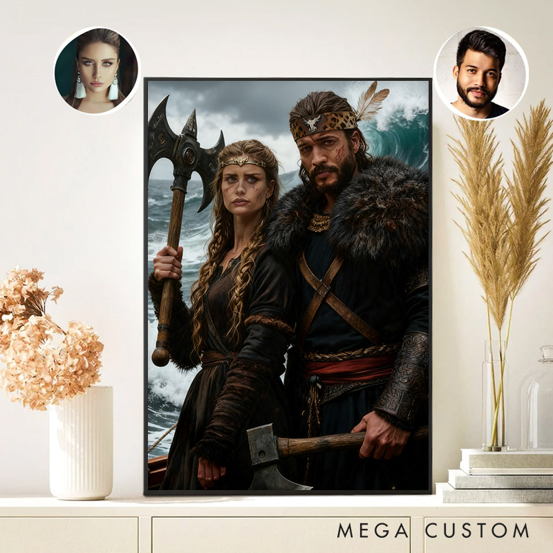 Personalized Custom Viking Couple Portrait Wall Art to Nordic Style Artwork Unique Gift or Home Décor