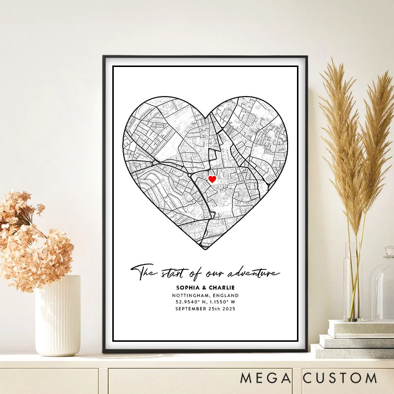Personalized Couple Heart Map Location Print The Start of Our Adventure Canvas Painting Couple City Map Poster for Husband Wife Boyfriend Girlfriend