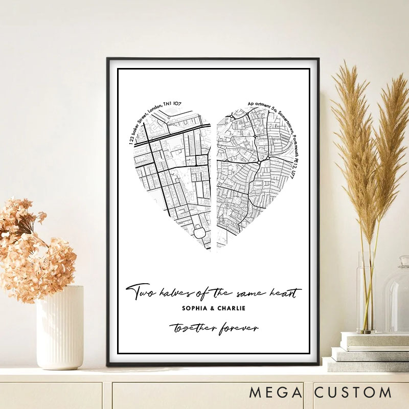 Personalized Couple Heart Map Location Print Two Halves of the Same Heart Canvas Painting Couple City Map Poster for Husband Wife Boyfriend Girlfriend