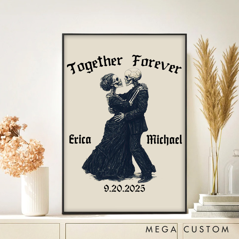 Personalized Couple Skull Together Forever Print Skeleton Couple Canvas Painting Custom Name and Date Poster for Husband Wife Boyfriend Girlfriend