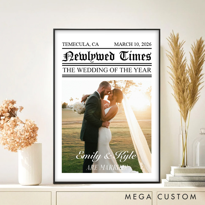 Personalized Couple Newlywed Times Print with Photo Newlyweds Wedding of the Year Canvas Painting Custom Name and Date Poster for Husband Wife