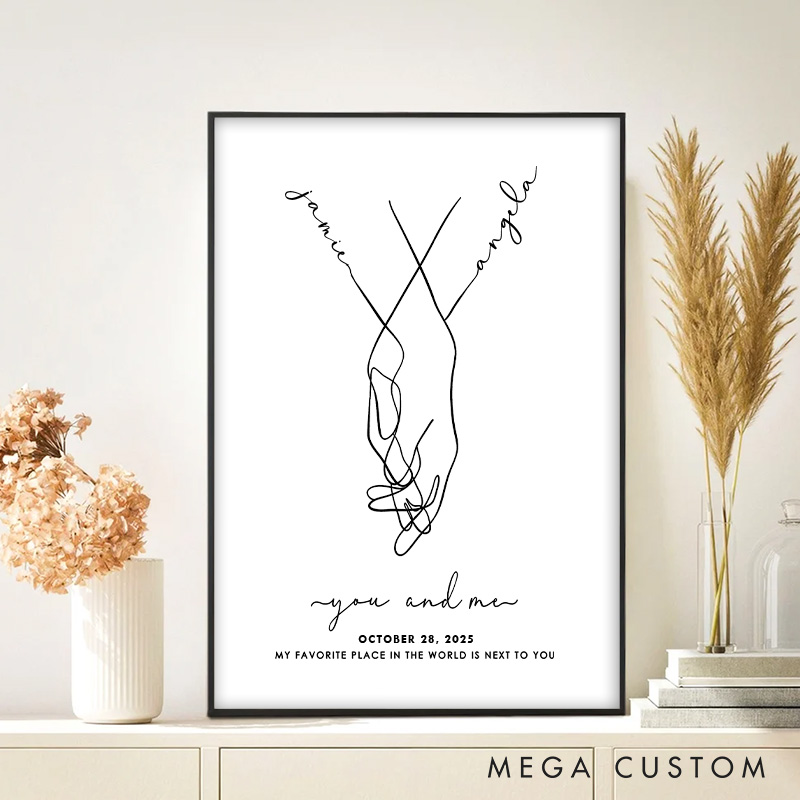 Personalized Couple You and Me Print Couple Line Hands Intertwined Canvas Painting Custom Name and Date Poster for Husband Wife Boyfriend Girlfriend