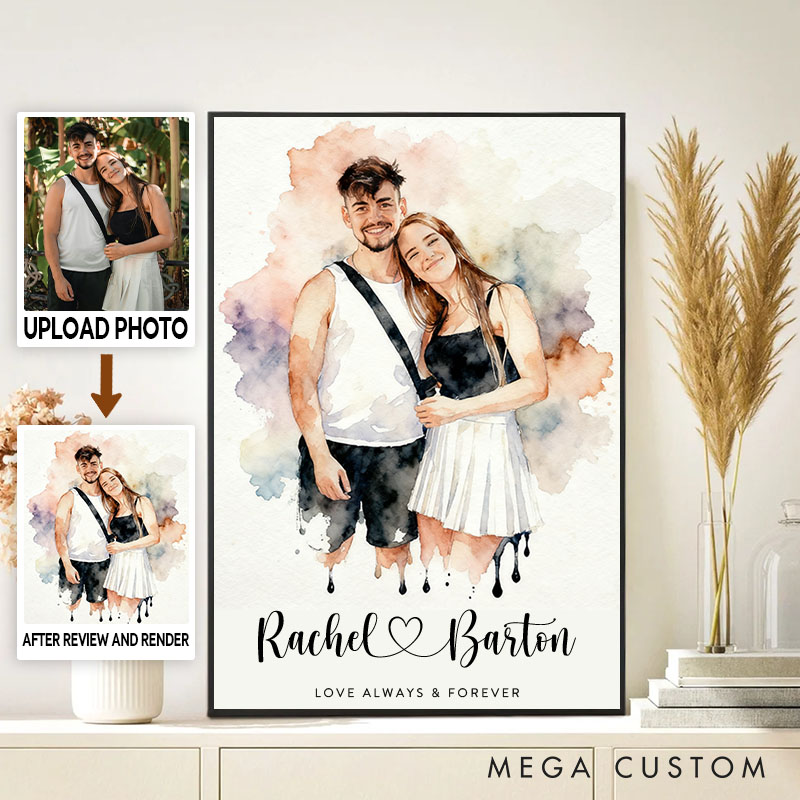 Personalized Couple Watercolor Portrait from Photo Print Engagement Canvas Painting Newlyweds Anniversary Wedding Poster for Husband Wife BF GF