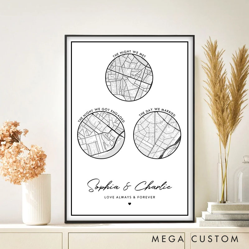 Personalized Couple Round Map Location Print The Night We Met Got Engaged and Married Canvas Painting Couple City Map Poster for Husband Wife
