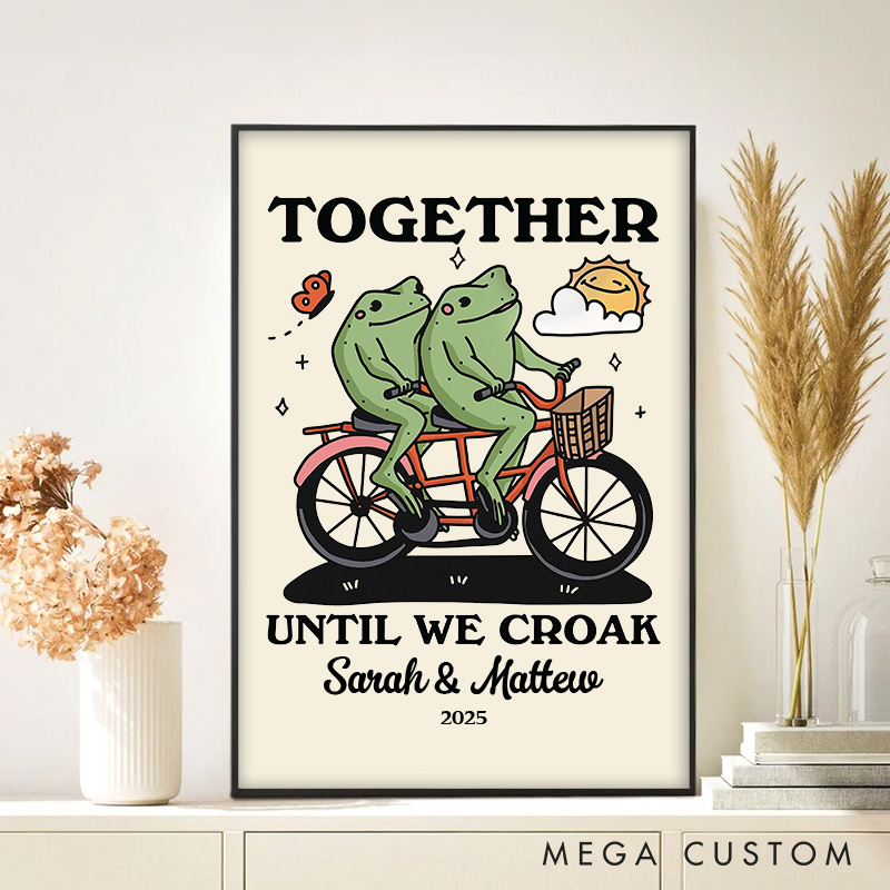Personalized Couple Together Until We Croak Print Couple Fog Canvas Painting 2 Cute Frogs on a Bike Poster for Husband Wife Boyfriend Girlfriend