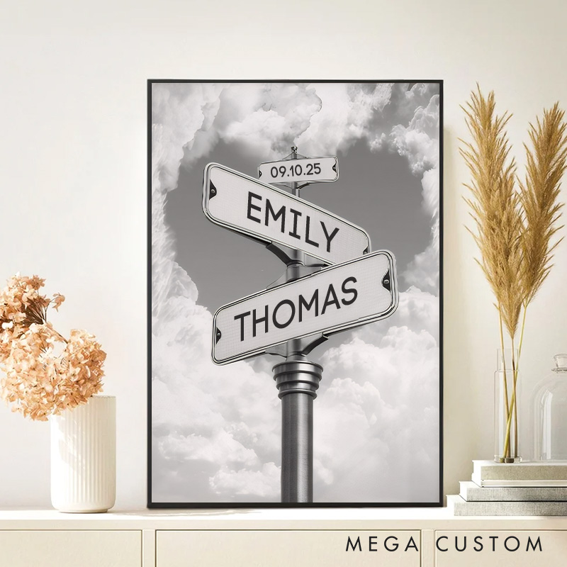 Personalized Couple Road Street Sign Print Couple Name and Date Canvas Painting Crossroads Street Sign Poster for Husband Wife Boyfriend Girlfriend