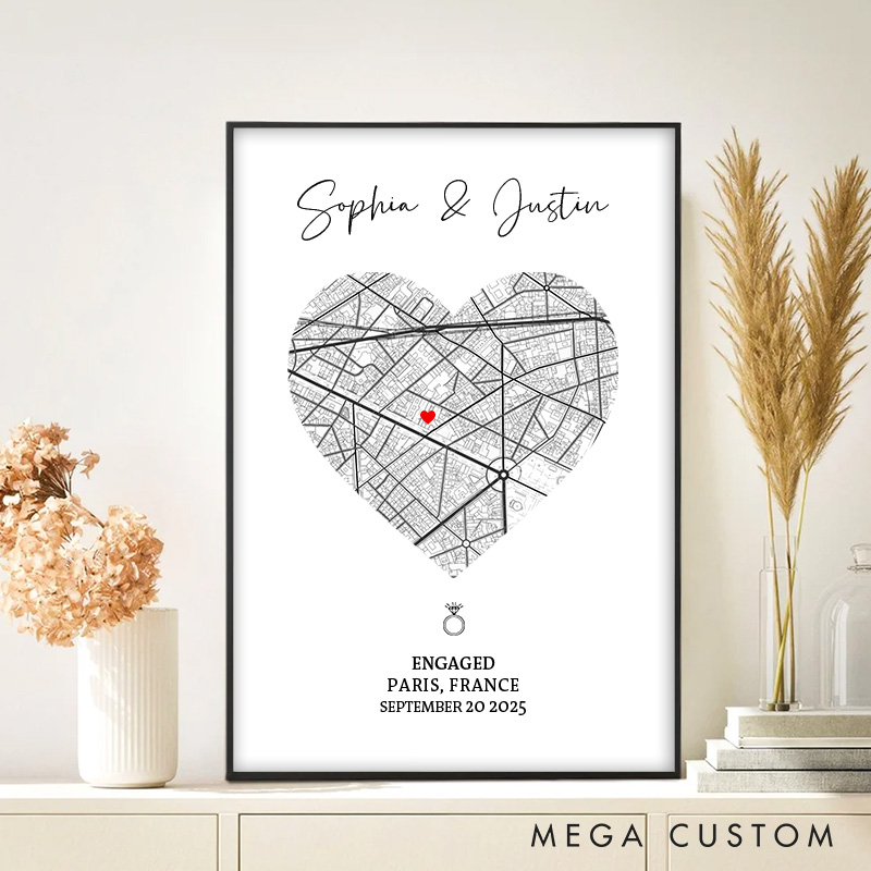 Personalized Couple Heart Map Location Print Engaged Date Canvas Painting Couple City Map Love Poster for Husband Wife Boyfriend Girlfriend