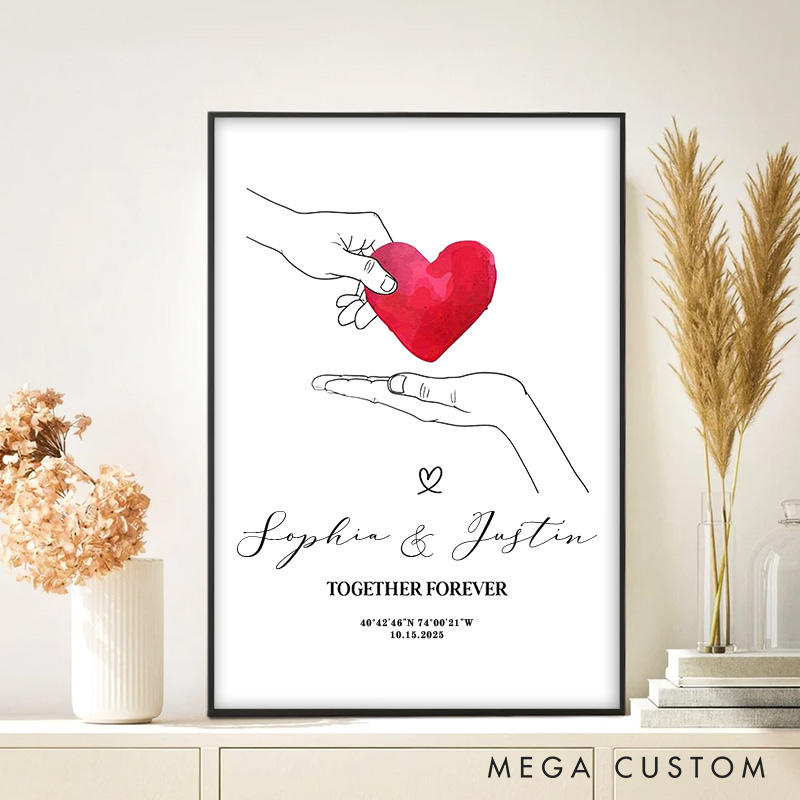 Personalized Couple Two Hands Holding a Heart Print Coordinate Canvas Painting Custom Name and Date Poster for Husband Wife Boyfriend Girlfriend
