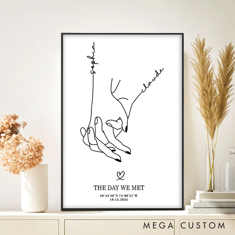 Personalized Couple Hands Intertwined Print with Name The Day We Met Canvas Painting Custom Coordinate Poster for Husband Wife Boyfriend Girlfriend