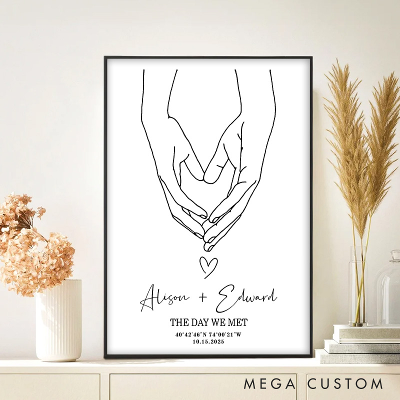 Personalized Couple Hands Form a Heart Print with Name The Day We Met Canvas Painting Custom Coordinate Poster for Husband Wife Boyfriend Girlfriend