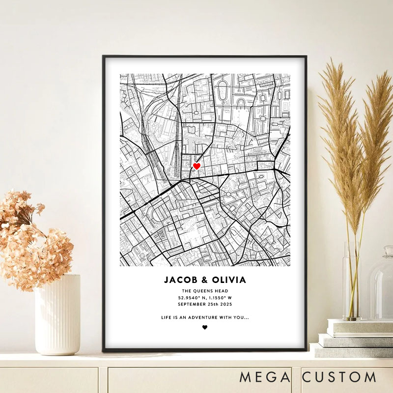 Personalized Couple Map Location Print Life is an Adventure with You Canvas Painting Couple City Town Map Poster for Husband Wife Boyfriend Girlfriend