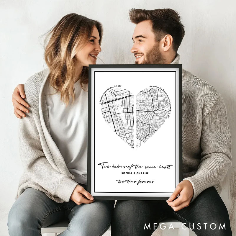 Personalized Couple Heart Map Location Print Two Halves of the Same Heart Canvas Painting Couple City Map Poster for Husband Wife Boyfriend Girlfriend