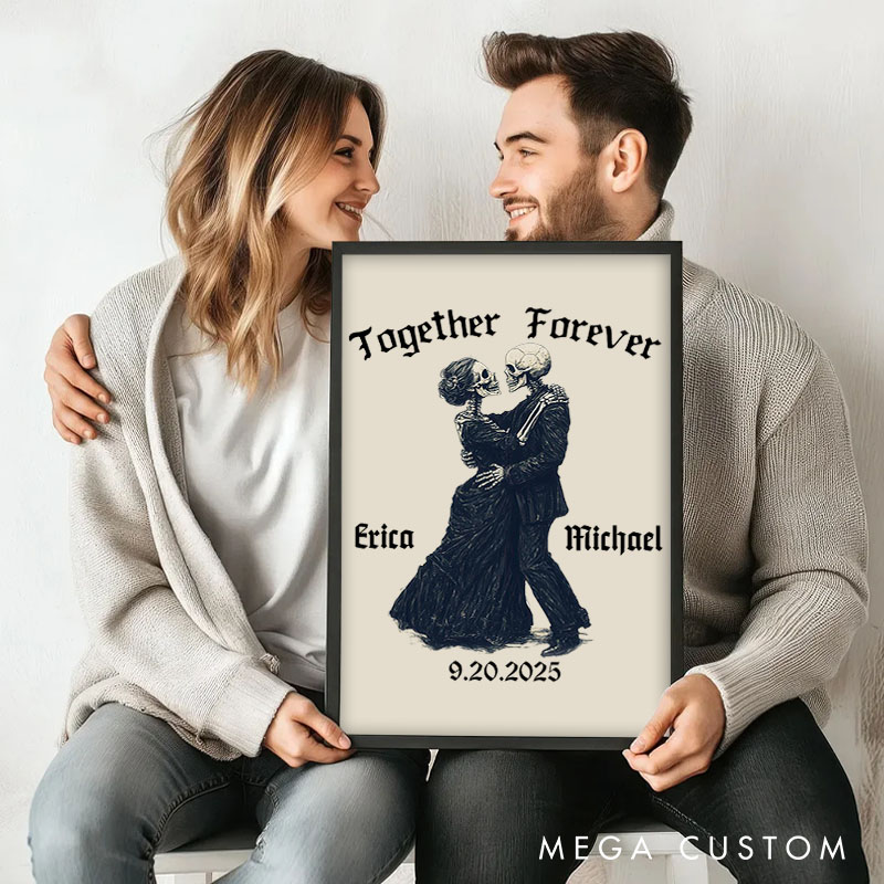 Personalized Couple Skull Together Forever Print Skeleton Couple Canvas Painting Custom Name and Date Poster for Husband Wife Boyfriend Girlfriend