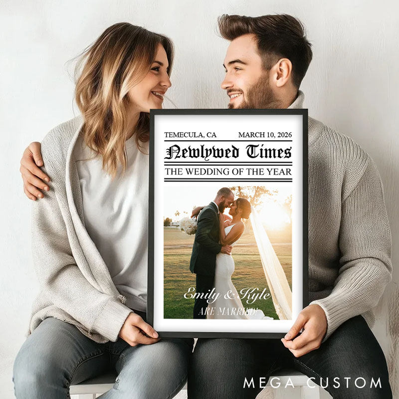 Personalized Couple Newlywed Times Print with Photo Newlyweds Wedding of the Year Canvas Painting Custom Name and Date Poster for Husband Wife