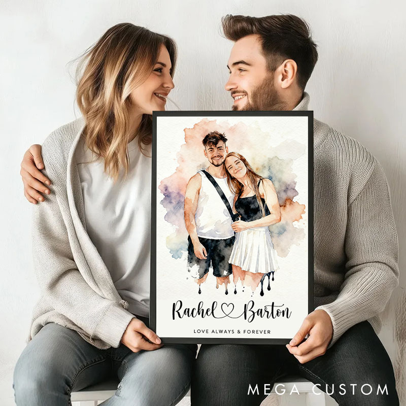 Personalized Couple Watercolor Portrait from Photo Print Engagement Canvas Painting Newlyweds Anniversary Wedding Poster for Husband Wife BF GF