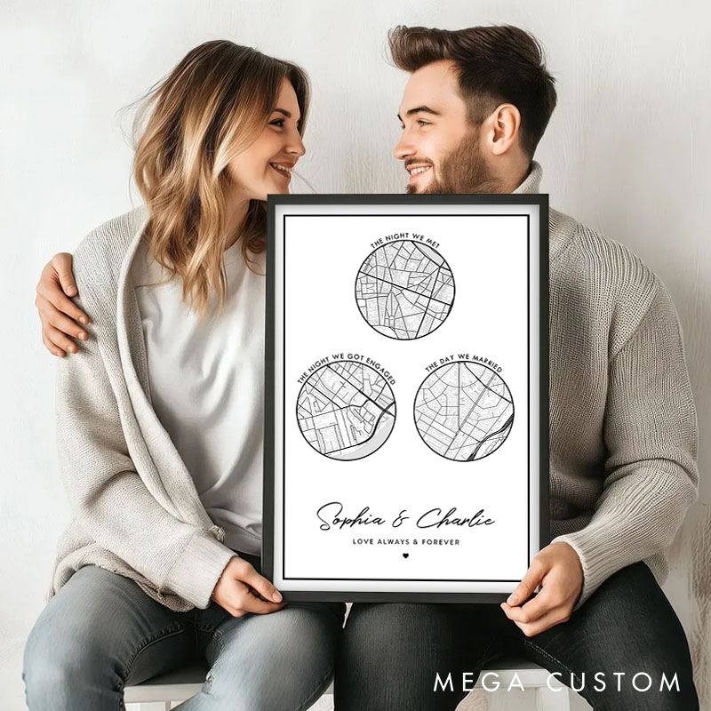 Personalized Couple Round Map Location Print The Night We Met Got Engaged and Married Canvas Painting Couple City Map Poster for Husband Wife