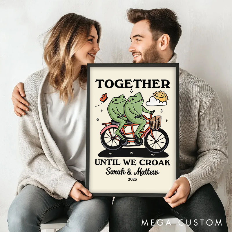 Personalized Couple Together Until We Croak Print Couple Fog Canvas Painting 2 Cute Frogs on a Bike Poster for Husband Wife Boyfriend Girlfriend