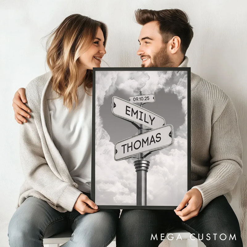 Personalized Couple Road Street Sign Print Couple Name and Date Canvas Painting Crossroads Street Sign Poster for Husband Wife Boyfriend Girlfriend