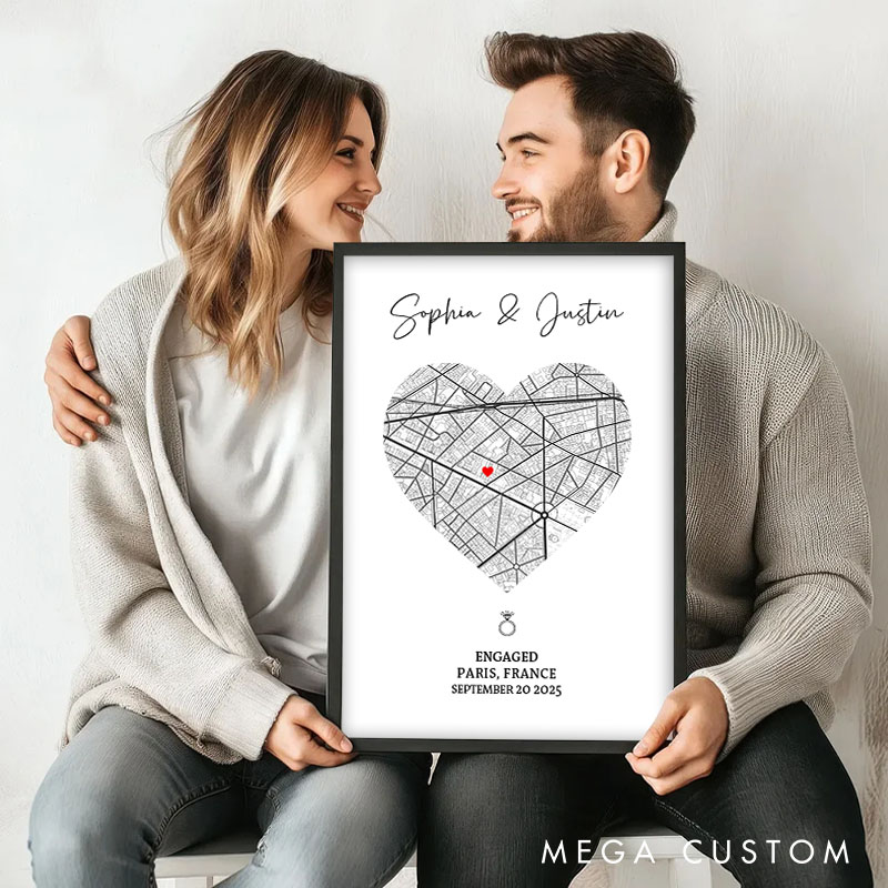 Personalized Couple Heart Map Location Print Engaged Date Canvas Painting Couple City Map Love Poster for Husband Wife Boyfriend Girlfriend