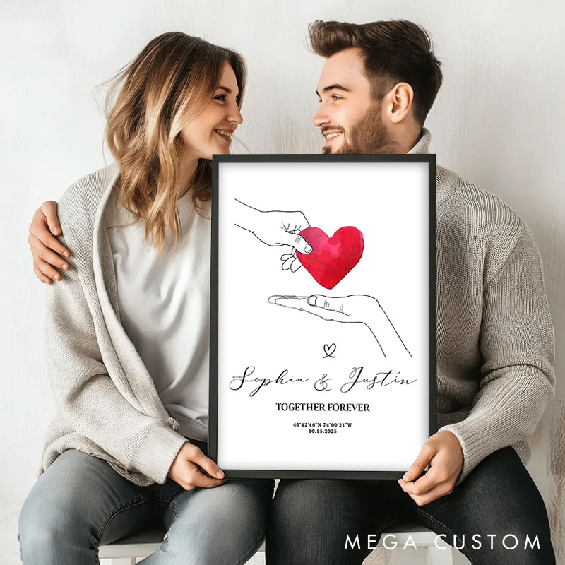 Personalized Couple Two Hands Holding a Heart Print Coordinate Canvas Painting Custom Name and Date Poster for Husband Wife Boyfriend Girlfriend