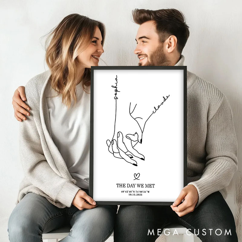 Personalized Couple Hands Intertwined Print with Name The Day We Met Canvas Painting Custom Coordinate Poster for Husband Wife Boyfriend Girlfriend