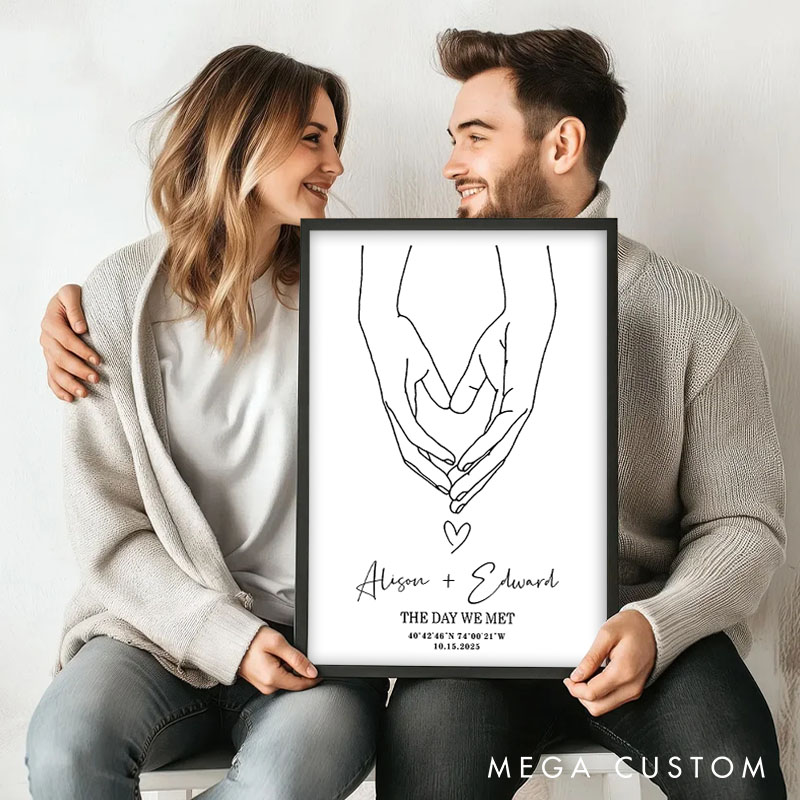 Personalized Couple Hands Form a Heart Print with Name The Day We Met Canvas Painting Custom Coordinate Poster for Husband Wife Boyfriend Girlfriend