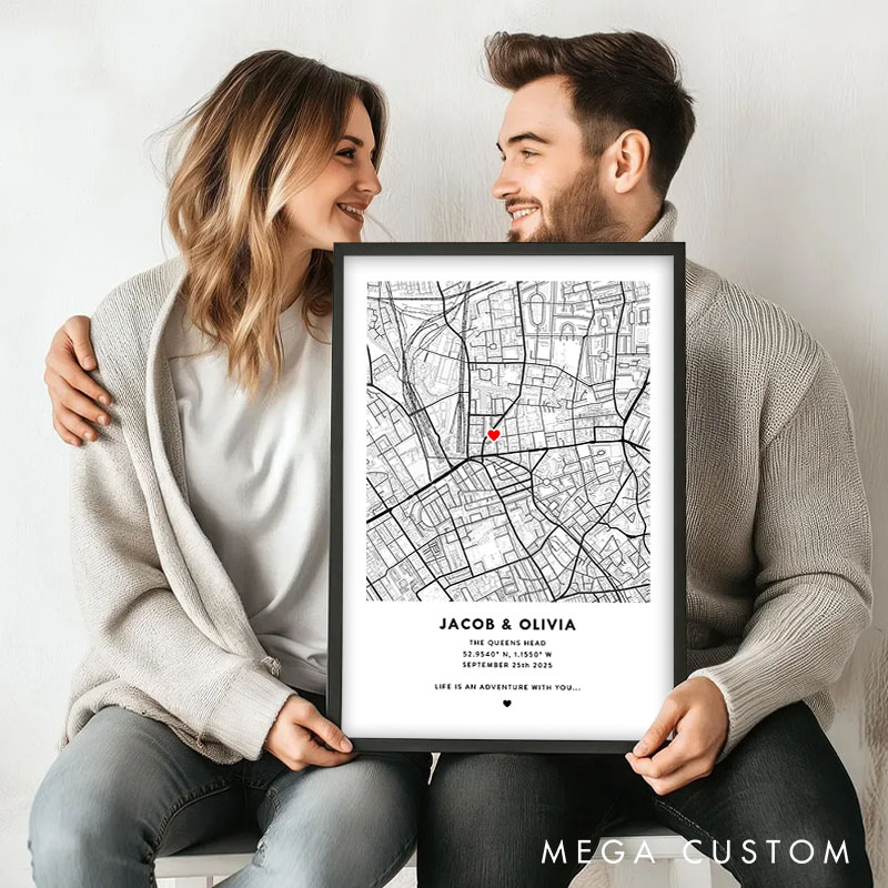 Personalized Couple Map Location Print Life is an Adventure with You Canvas Painting Couple City Town Map Poster for Husband Wife Boyfriend Girlfriend