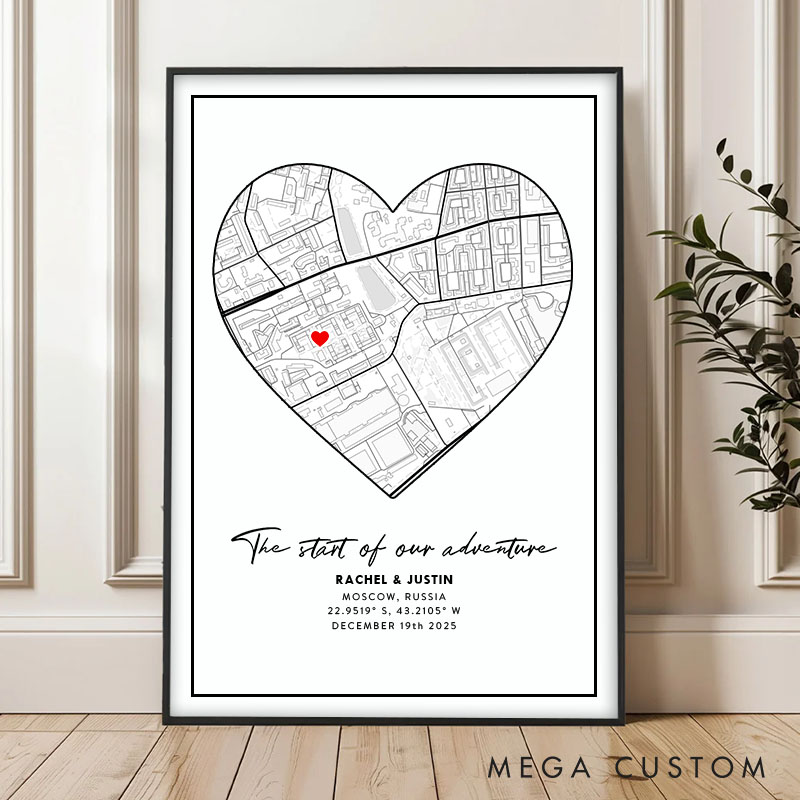 Personalized Couple Heart Map Location Print The Start of Our Adventure Canvas Painting Couple City Map Poster for Husband Wife Boyfriend Girlfriend