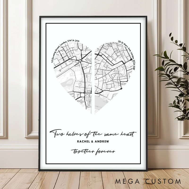 Personalized Couple Heart Map Location Print Two Halves of the Same Heart Canvas Painting Couple City Map Poster for Husband Wife Boyfriend Girlfriend