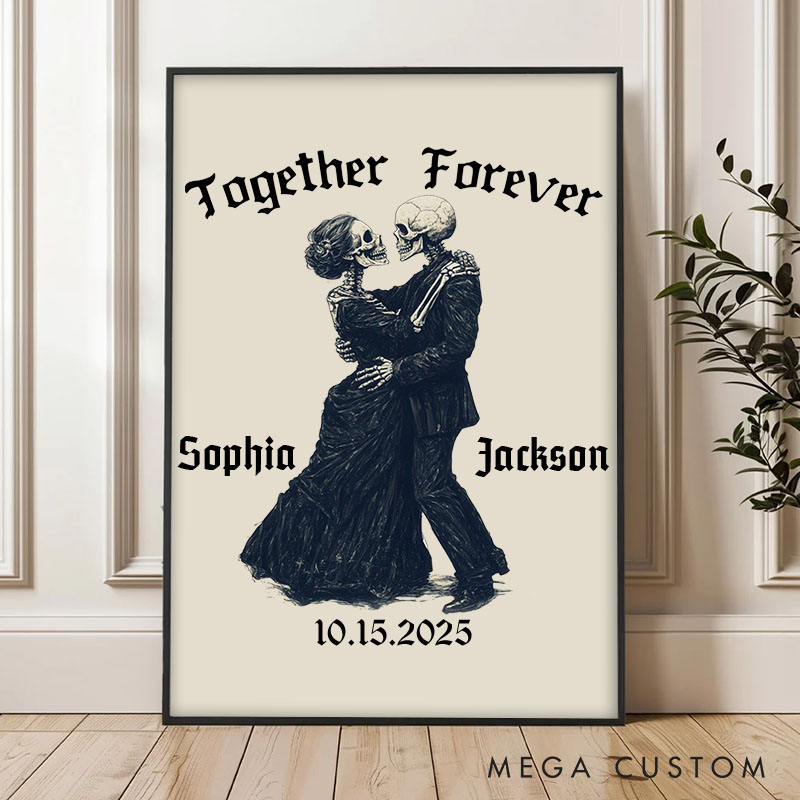 Personalized Couple Skull Together Forever Print Skeleton Couple Canvas Painting Custom Name and Date Poster for Husband Wife Boyfriend Girlfriend