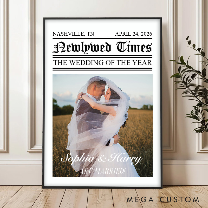 Personalized Couple Newlywed Times Print with Photo Newlyweds Wedding of the Year Canvas Painting Custom Name and Date Poster for Husband Wife