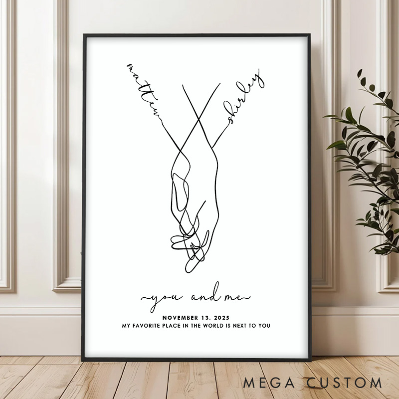 Personalized Couple You and Me Print Couple Line Hands Intertwined Canvas Painting Custom Name and Date Poster for Husband Wife Boyfriend Girlfriend