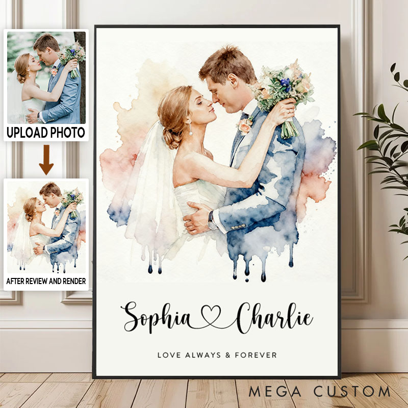 Personalized Couple Watercolor Portrait from Photo Print Engagement Canvas Painting Newlyweds Anniversary Wedding Poster for Husband Wife BF GF