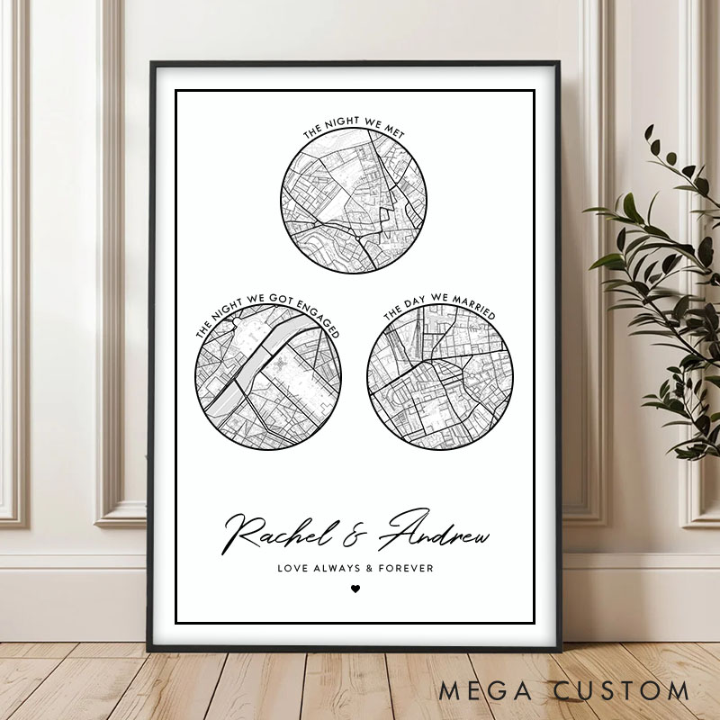Personalized Couple Round Map Location Print The Night We Met Got Engaged and Married Canvas Painting Couple City Map Poster for Husband Wife