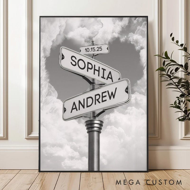 Personalized Couple Road Street Sign Print Couple Name and Date Canvas Painting Crossroads Street Sign Poster for Husband Wife Boyfriend Girlfriend
