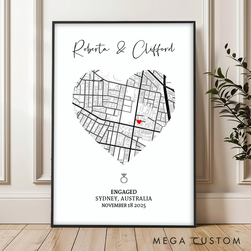 Personalized Couple Heart Map Location Print Engaged Date Canvas Painting Couple City Map Love Poster for Husband Wife Boyfriend Girlfriend