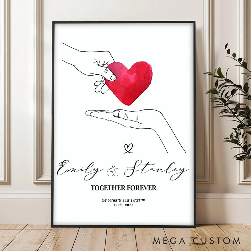 Personalized Couple Two Hands Holding a Heart Print Coordinate Canvas Painting Custom Name and Date Poster for Husband Wife Boyfriend Girlfriend