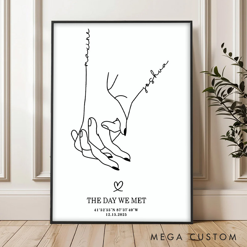 Personalized Couple Hands Intertwined Print with Name The Day We Met Canvas Painting Custom Coordinate Poster for Husband Wife Boyfriend Girlfriend