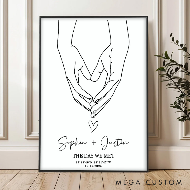 Personalized Couple Hands Form a Heart Print with Name The Day We Met Canvas Painting Custom Coordinate Poster for Husband Wife Boyfriend Girlfriend