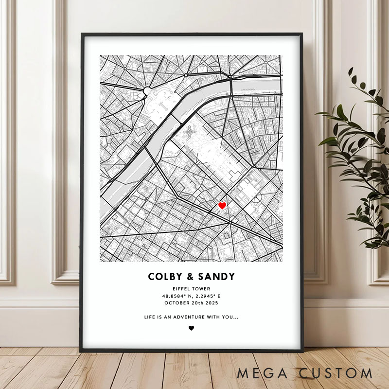 Personalized Couple Map Location Print Life is an Adventure with You Canvas Painting Couple City Town Map Poster for Husband Wife Boyfriend Girlfriend