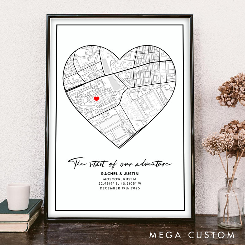Personalized Couple Heart Map Location Print The Start of Our Adventure Canvas Painting Couple City Map Poster for Husband Wife Boyfriend Girlfriend