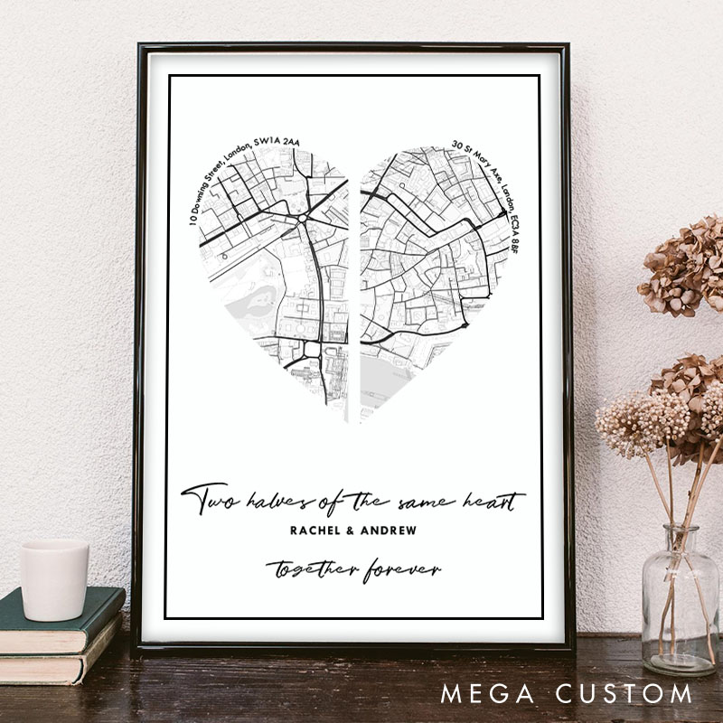 Personalized Couple Heart Map Location Print Two Halves of the Same Heart Canvas Painting Couple City Map Poster for Husband Wife Boyfriend Girlfriend