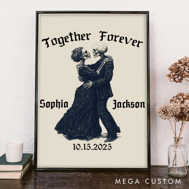 Personalized Couple Skull Together Forever Print Skeleton Couple Canvas Painting Custom Name and Date Poster for Husband Wife Boyfriend Girlfriend